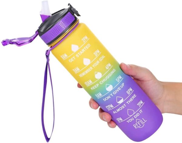 Sipper Water Bottle with Time Marker,Perfect for Fitness, Gym and Outdoor Sports (Yellow & Purple)