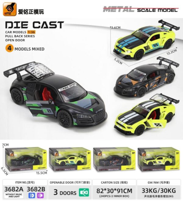 Die-Cast GT-Racing Metal Toy Car | Metal Body with Openable Doors & Pull-Back Action  (Multicolor)